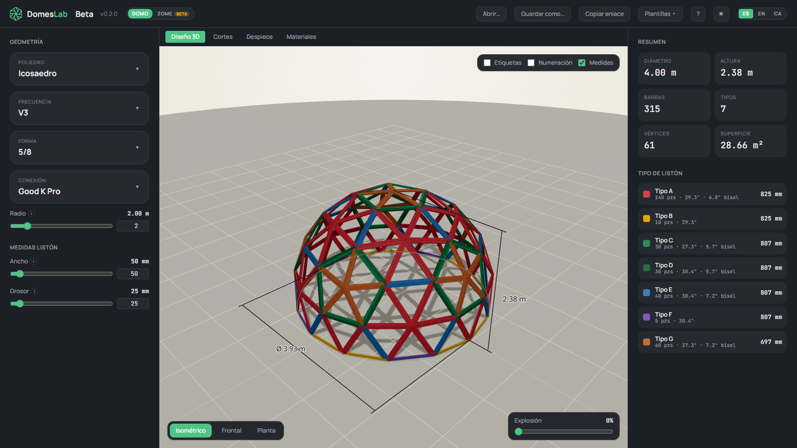 Editor 3D de DomesLab con el domo y las barras clasificadas por color