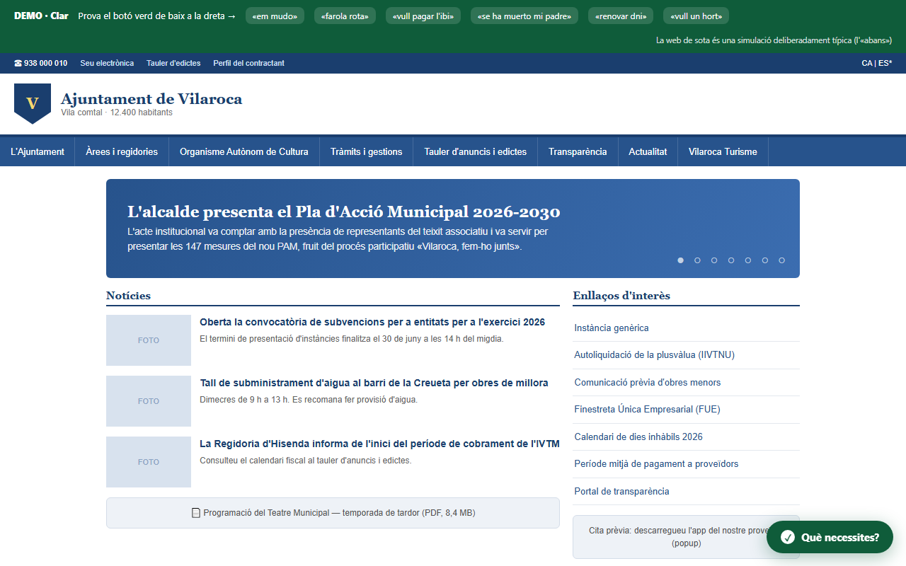 Clar — widget de búsqueda de trámites municipales en lenguaje claro, demo sobre una web municipal